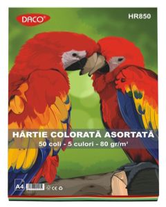 Hartie colorata asortata 5 culori, 80g/mp, 50coli/top, Daco HR850