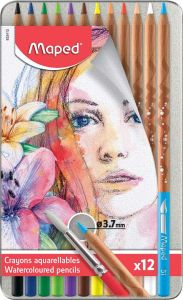 Creioane colorate acuarela, in cutie metal, 12culori/set, Color Peps Aqua Artist Maped