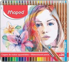 Creioane colorate acuarela, in cutie metal, 24culori/set, Color Peps Aqua Artist Maped