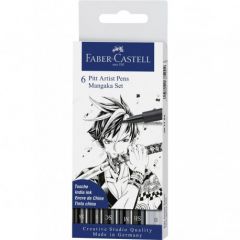 Liner, 6buc/set, gri si negru, varf pensula, Mangaka, Pitt Artist Pen Manga, Faber Castell-FC167124