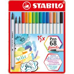 Carioca 15 culori/set, varf tip pensula, cutie metalica, Pen 68 Stabilo