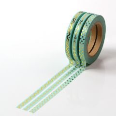 Banda adeziva color 5mm x 10m, 3buc/set, verde pastel cu model auriu, Washi