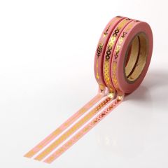 Banda adeziva color 5mm x 10m, 3buc/set, roz pastel cu model auriu, Washi