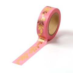Banda adeziva color 15mm x 10m, roz cu frunze aurii, Washi