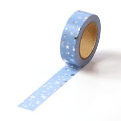 Banda adeziva color 15mm x 10m, bleu cu stelute argintii, Washi