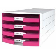 Suport plastic cu 4 sertare pentru documente (open), alb/roz, Impuls Han