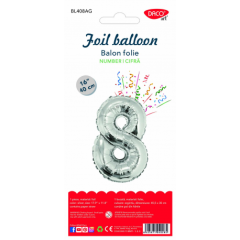 Balon din folie, cifra 8, 40cm, argintiu, Daco